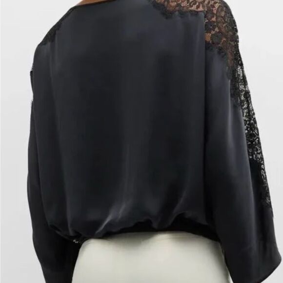 Ramy Brook NWT Alesia Navy Satin Blouse with Lace Detail - Picture 4 of 5